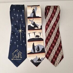 100% Silk Nativity Jesus God Birth Cross Religious Christmas Necktie Tie Vintage